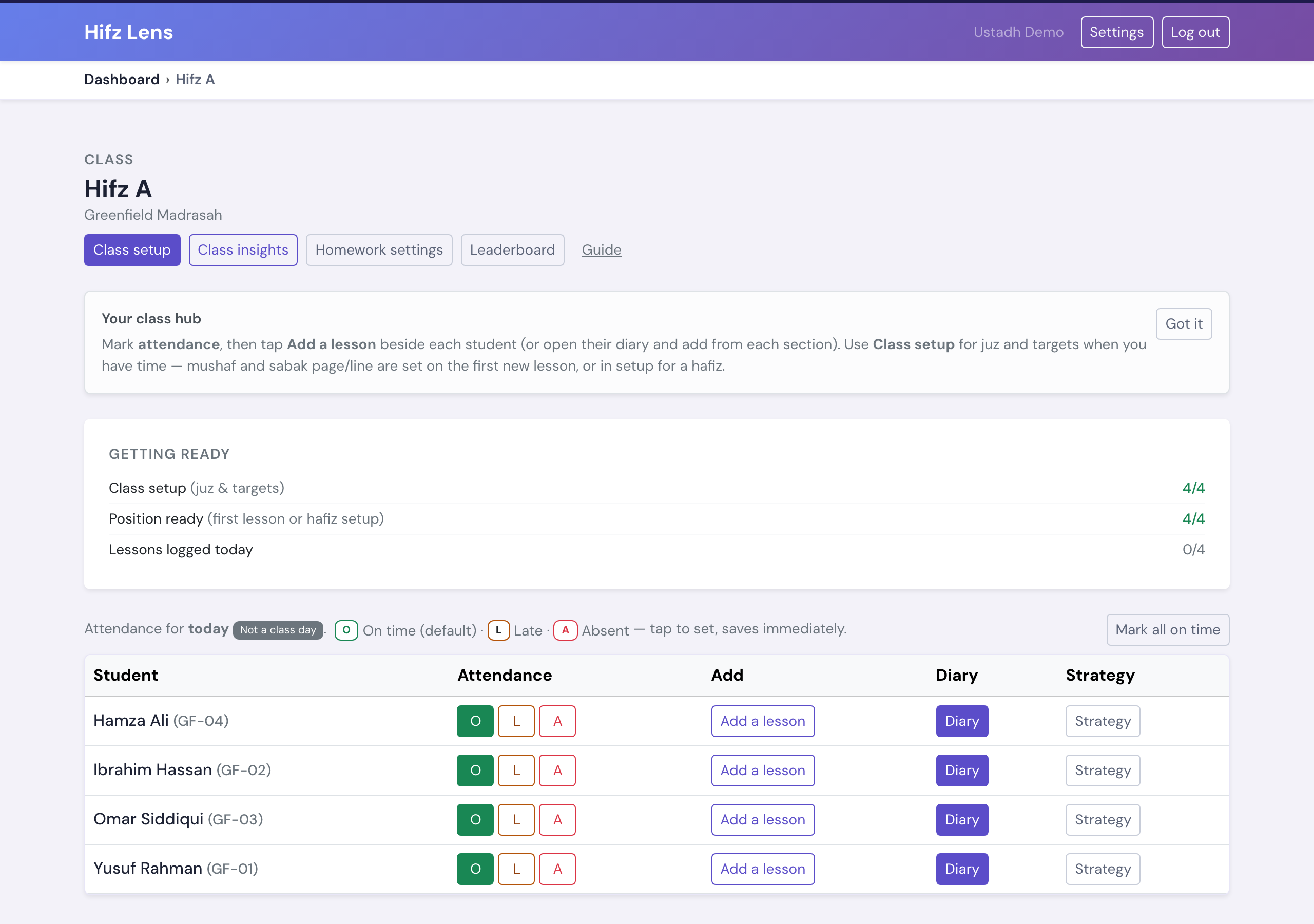 Class dashboard with attendance controls and links to diary and strategy for each student