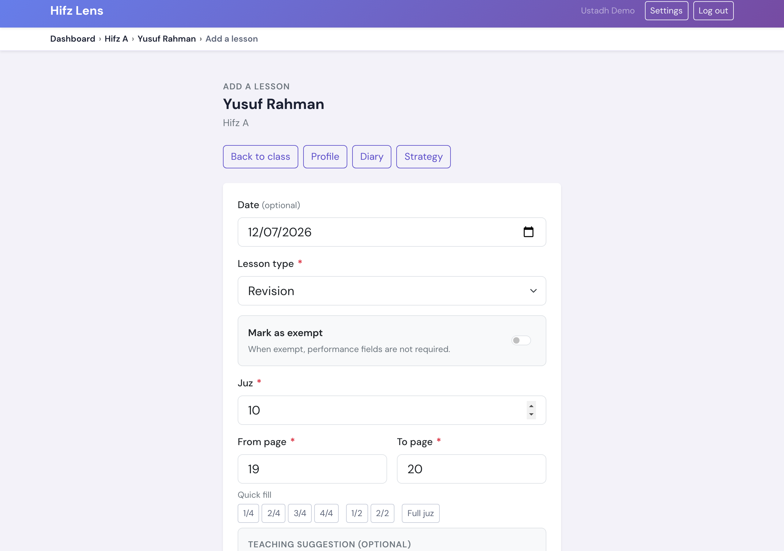 Lesson logging form with quick-fill page ranges and teaching suggestion for faster recording