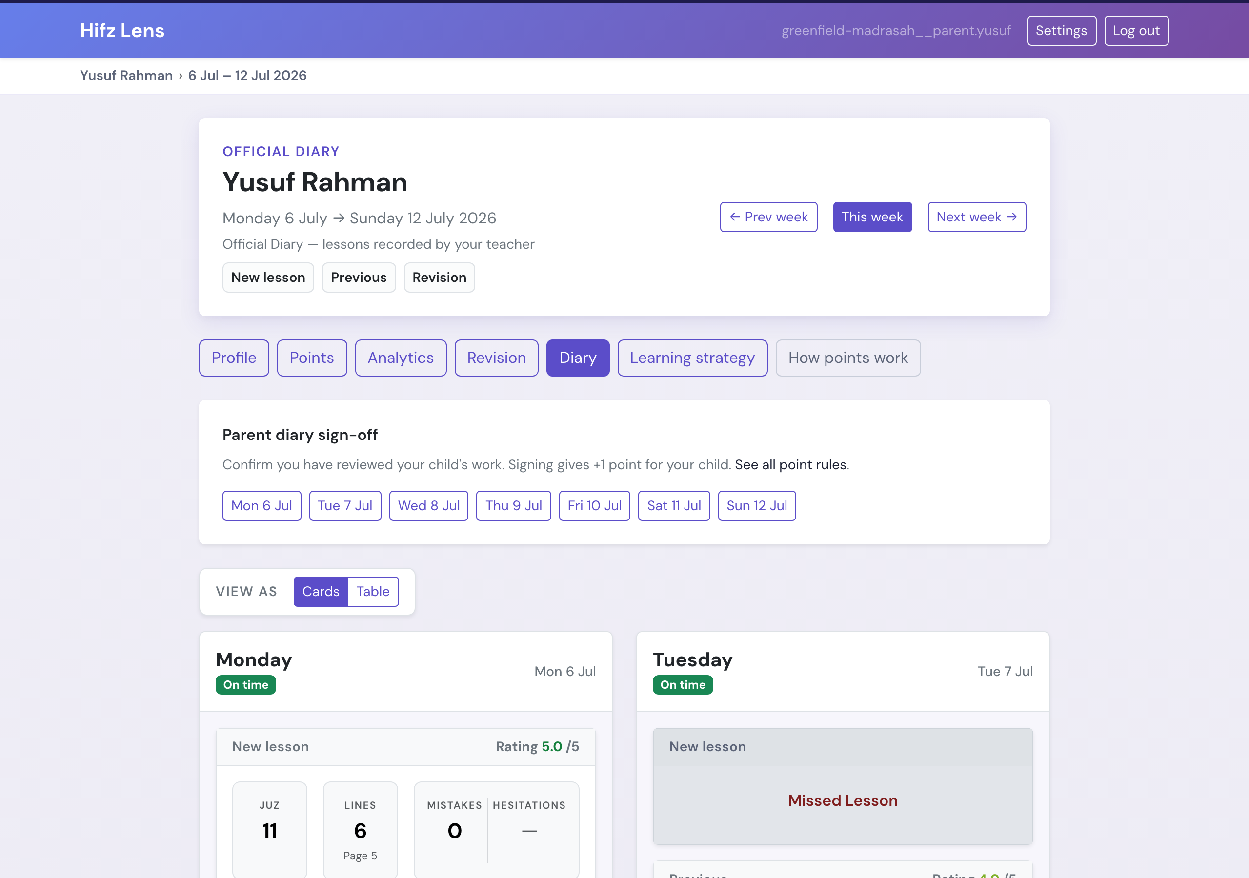 Parent diary view with parent sign-off buttons for each day of the week