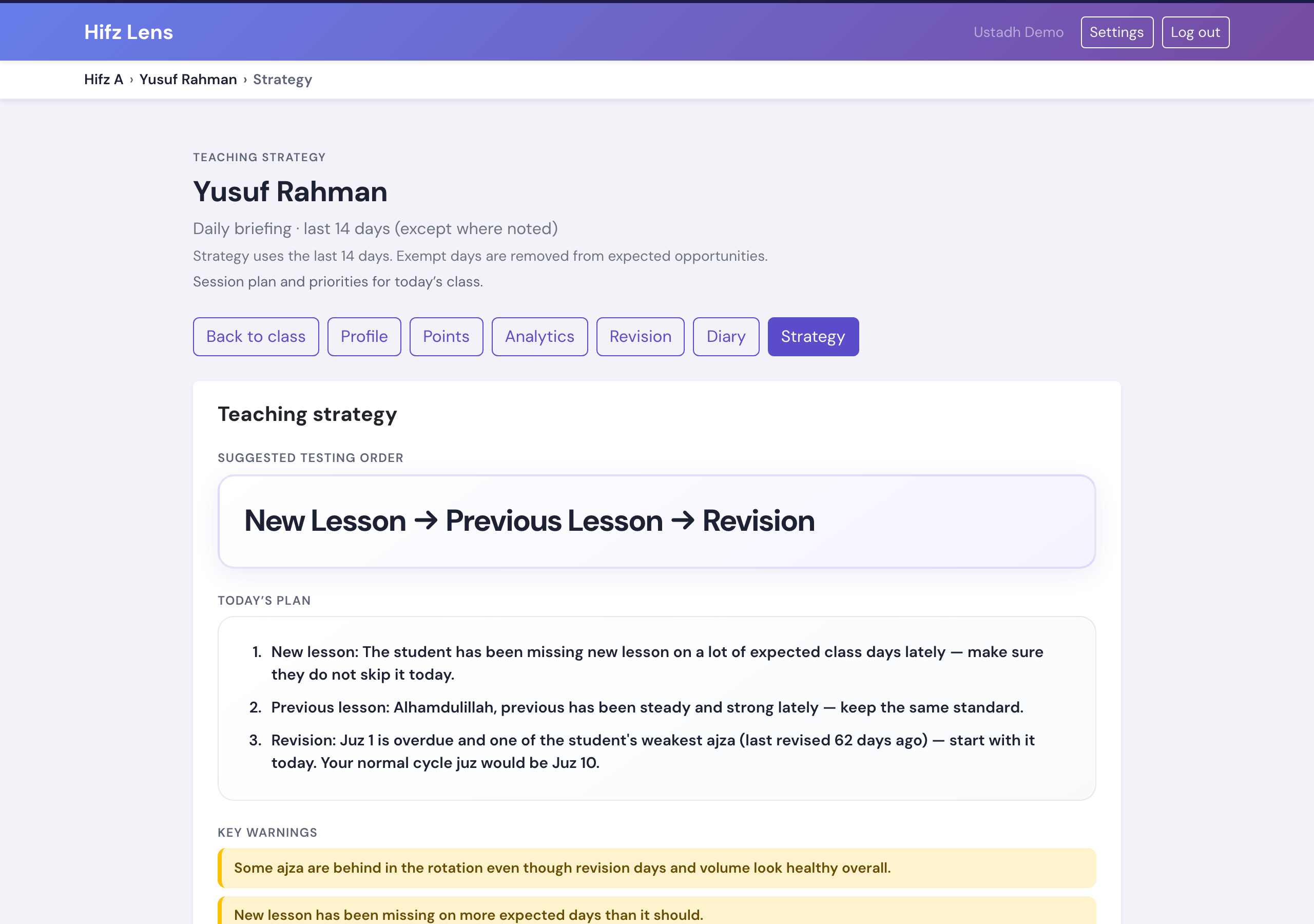 Teacher strategy briefing with suggested testing order and today’s plan